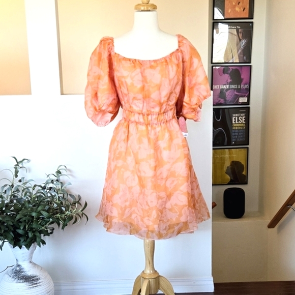 🏷️ARULA 'C' Orange Pink Floral Puff Sleeve Organza Fit Flare Mini Dress 3X - Picture 2 of 12